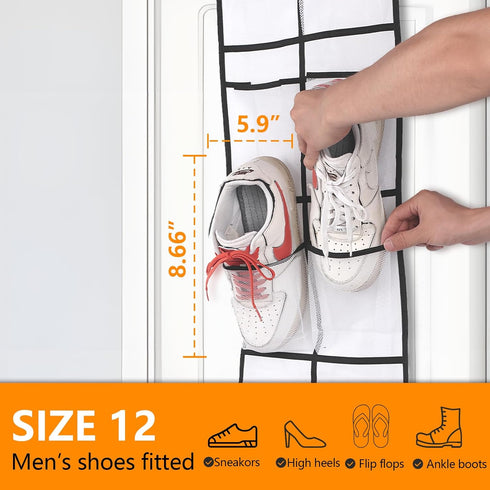 Narrow Over The Door Shoe Organizer, 12 Large Mesh Pockets Hanging Shoe Organizer for Closet, 2 Pack (White)