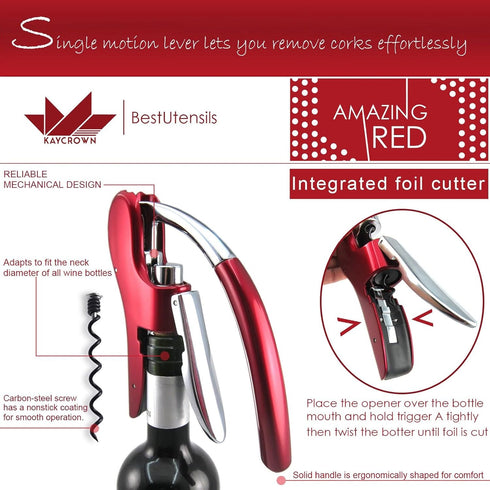 KAYCROWN Wine Bottle Opener, Vertical Lever Corkscrew with Built-in Foil Cutter, Manual Handheld Corkscrew