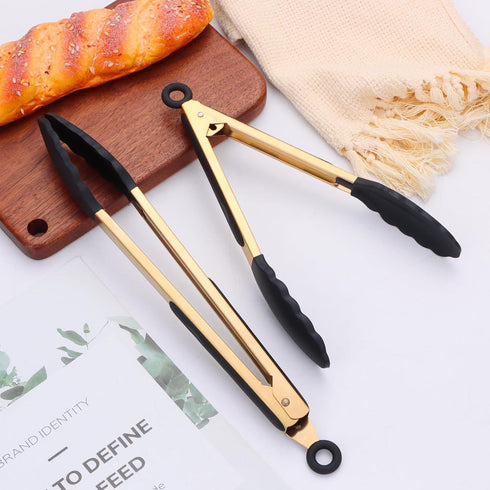 Set of 2 Stainless Steel Classic Kitchen Tongs 9" and 12" with BPA Free Silicone Tips, Dishwasher Safe