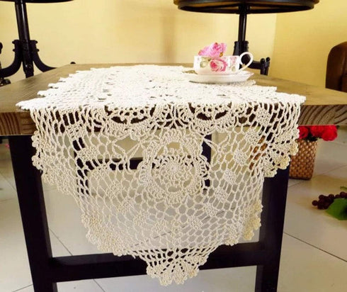 Beige Handmade Crochet Doilies, Cotton Table Runner Lace Doilies, Oval Dresser Scarves, 16x35 Inches