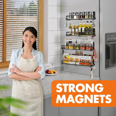 Magnetic Spice Rack for Refrigerator, 4 Pack Fridge Shelf with Hooks, Kitchen Organization and Storage Gadgets