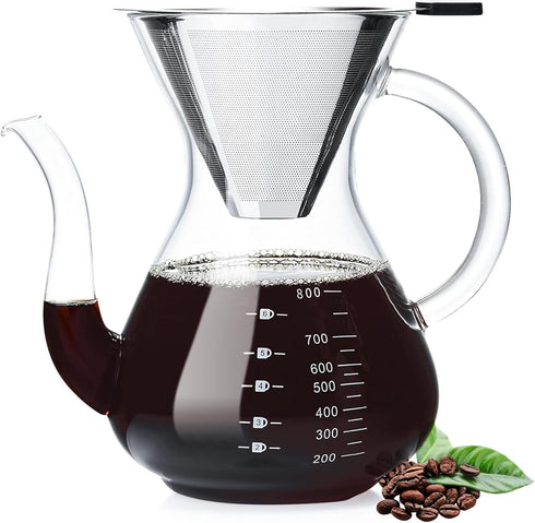 Unbreakable 8-Cup Pour Over Coffee Maker with Double Stainless Filter, Heat-Resistant Borosilicate Glass