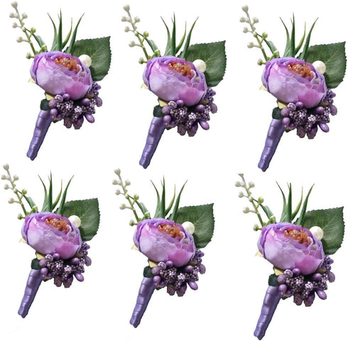 6 Pieces Groom Boutonniere - Light Purple Wedding Flowers Party Decoration