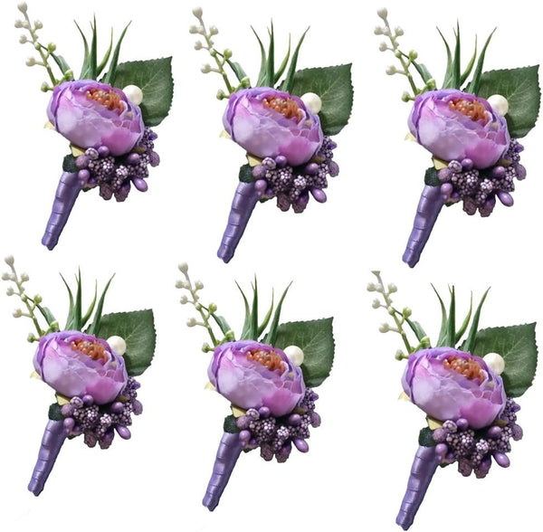 6 Pieces Groom Boutonniere - Light Purple Wedding Flowers Party Decoration