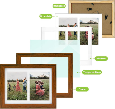 Golden State Art 8.5x11 Brown Wooden Picture Frame - White Mat for 2-5x7 Photos or 8.5x11 Certificate, Real Glass