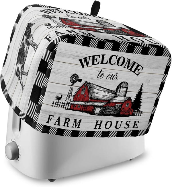 Welcome to Our Farm House 4 Slice Toaster Cover, Black and White Checkered, Large Kitchen Appliance Protection