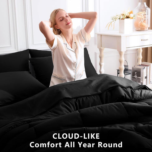 CozyLux Set 5 Set Twin Comforter with Sheets Black, Pieces Bed in a Bag, Black Comforter Twin Size, All Season Bedding