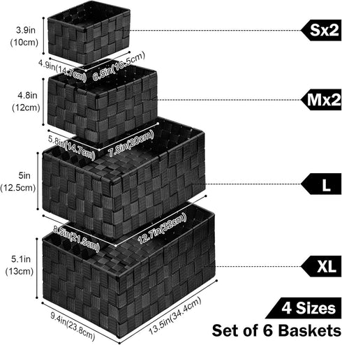 Woven Storage Baskets, Set of 6 Cube Container Baskets for Clothes, Shelves, Closet, Black