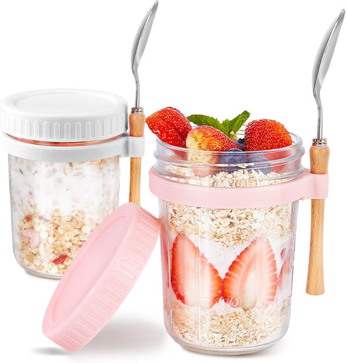 16oz - 2 Pack Overnight Oats Jars with Lids and Spoon, Overnight