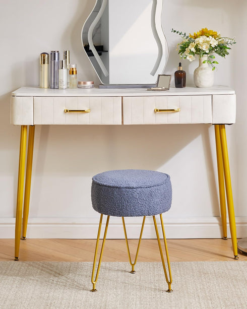 WBD009BU IBUYKE Teddy Velvet Round Footrest Stool Ottoman, Makeup Vanity Stool Side Table, Velvet Dressing Table Seat