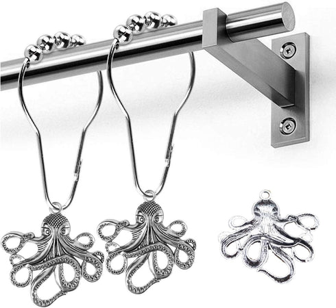 Set of 12 Octopus Shower Curtain Hooks, Decorative Stainless Steel Rustproof Brushed Nickel Rings for Bathroom