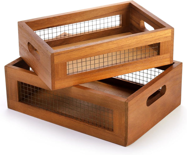 Dicunoy Set of 2 Rustic Wooden Crates, Antique Nesting Basket with Handle for Kitchen, Bathroom, Shelf Storage