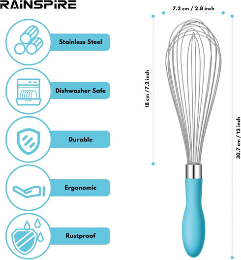 12-Inch Wire Whisk Stainless Steel, Balloon Whisks for Cooking, Wisk Wisking Tool With Soft Silicone Handle, Thick Durable Whisker for Blending, Beating, Whisking, Stirring, Blue by Rainspire