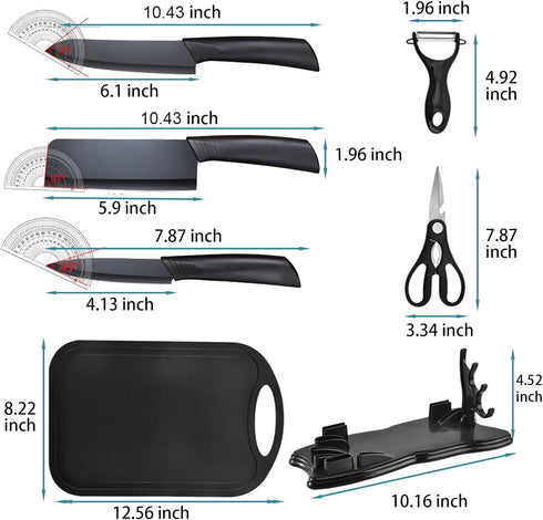 Magicorange 7-Piece Kitchen Knife Set - 5 Black Stainless Steel Knives with Sheaths, Cutting Board, and a Knife Block- Stainless Steel Kitchen Knives with PP Ergonomic Handle (Black) by Magicorange