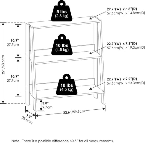 3-Tier 9.3" 23.6" 27", Furinno Ladder Book Shelf, Ladder Shelf, Open Design Bookshelf, Display Storage Bookcase, x x