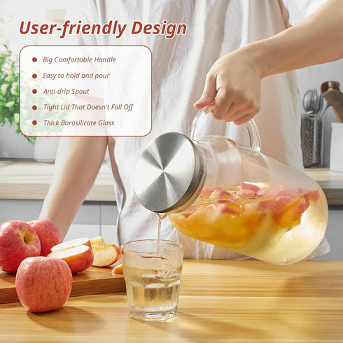 CMLKLZD 1 Gallon Glass Pitcher with Lid and Handle, Glass Water Carafe for Hot/Cold Water, Large Jug for Iced Tea