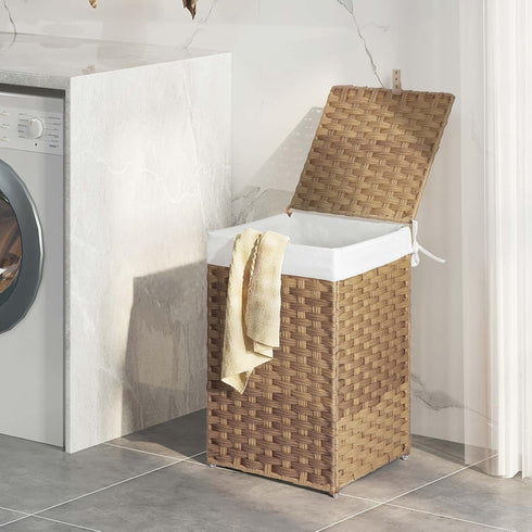 GREENSTELL 60L Laundry Hamper with Lid, Handwoven Synthetic Rattan Laundry Basket with 2 Removable Liner Bags & 2 Mesh