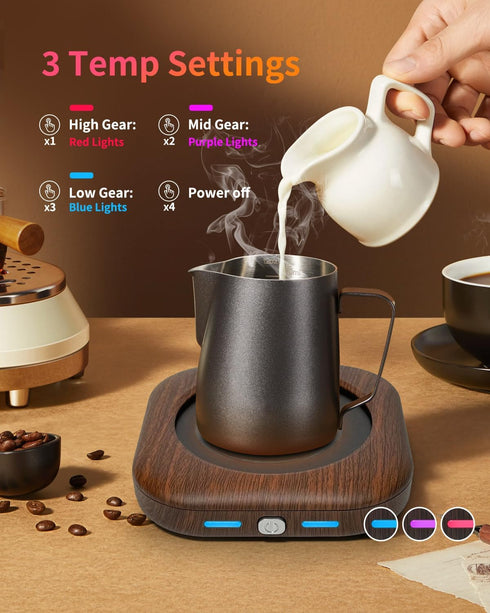 3-Temp Settings 4 Mug Warmer - Coffee Mug Warmer for Desk with Hrs Auto Shut Off, Fastest Heating & Smart Wood Candle