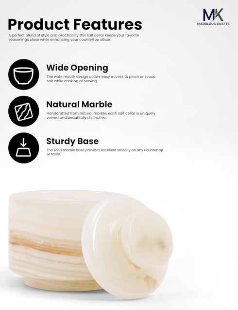 3 Inch MARBLOUS KRAFTS Marble Salt Cellar White Onyx Salt Holder With Lid for Spice Jar & Stone Salt Container, Modern