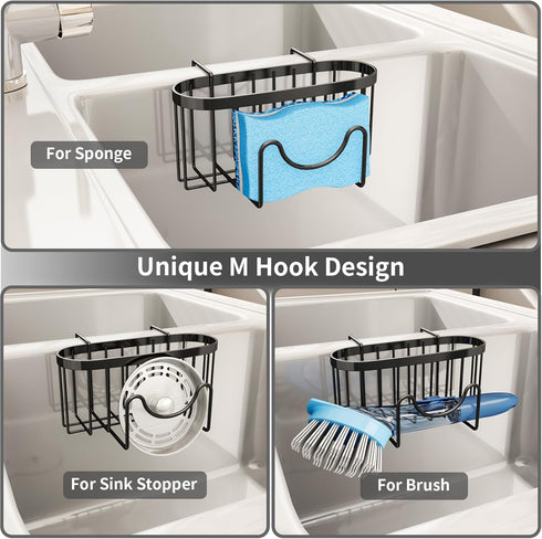 SWTYMIKI Movable Kitchen Sink Caddy - Stainless Steel Sponge Holder with M Shape Hook for Dish Sponge, Brush, Organizer