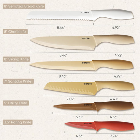 CAROTE 12 Pieces Kitchen Knife Set, Stainless Steel Knife Set With Nonstick Ceramic Coating,Dishwasher Safe with 6 Blade Guards, Rustproof, Brown by CAROTE