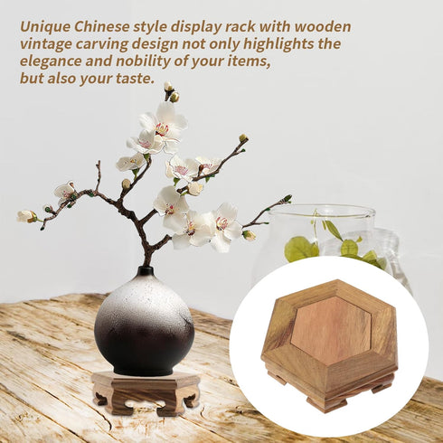 4.65" 1.38" Wooden Display Stand Base x Hexagonal Wood Carved Pedestal Oriental Style Home Decoration for Vase, Flower