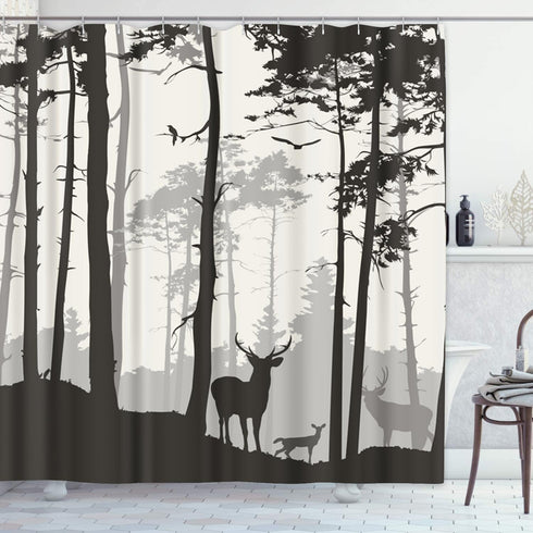 Decorative Shower Curtain, Silhouette of Pine Forest Family Deer and Birds, Brown 72"x78" Waterproof Bathroom Set with