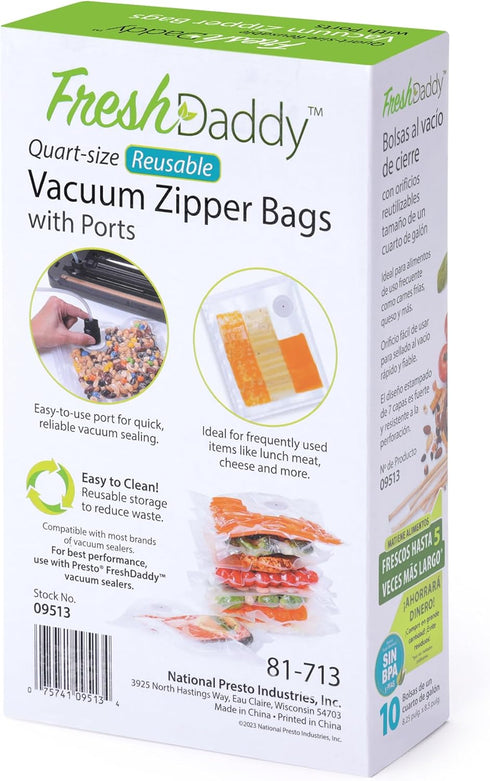Presto 09513 Quart-Size Vacuum Zipper Bags with Ports, FreshDaddy