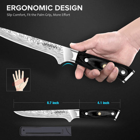 MOSFiATA 6" Boning Knife - Sharp Kitchen Cooking Knife with Finger Guard, Sharpener, German High Carbon Stainless Steel