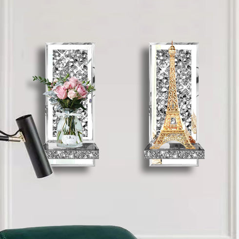 Set 2 1A ZOLAPI of Crystal Crush Diamond Candle Sconces, Gorgeous Silver Mirrored Wall Sconce, Candle Holder Glass Wall