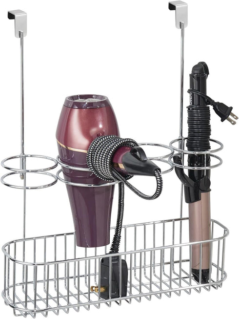 mDesign Metal Over Door Bathroom Hair Care & Styling Tool Organizer, Storage Basket for Hair Dryer, Flat Irons, Curling