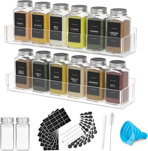 PMMASTO Adhesive Acrylic Spice Rack Organizer with 12 Empty Square Spice Jars,