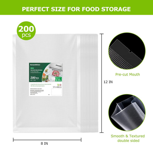 Bonsenkitchen Vacuum Food Sealer Bags 200 Quart 8" x 12", BPA Free, Commercial Grade Textured Food Vacuum Sealer Bag, Thick Embossed Bags for Food Storage and Sous Vide Cooking VB3208 by Bonsenkitchen