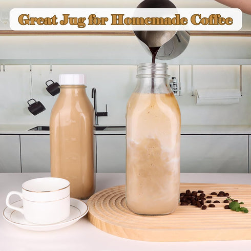LOSANJI 4 Pack 32 Oz 2 2 1Qt Glass Milk Bottles with Nut Milk Bag & Pour Spout & Airtight Lids & Brush- Scale Mark