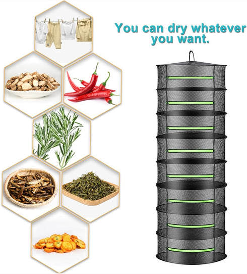 2ft Herb Drying Rack Net Mesh with Green Zippers - 8 Layer Hanging Plant Dry for Garden