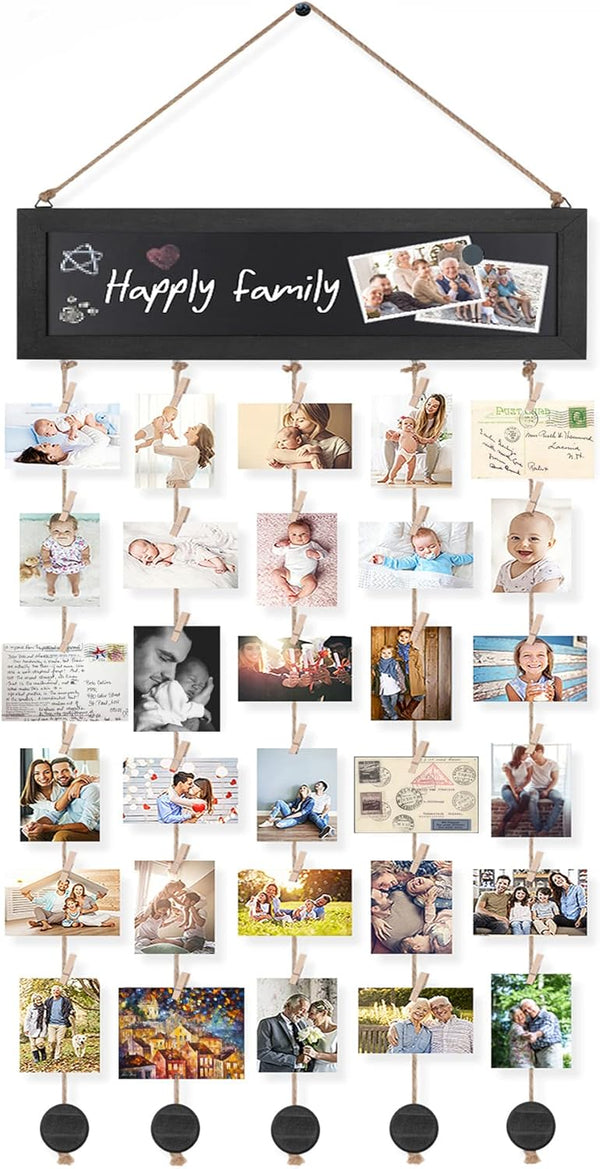 Bikoney Collage Picture Frames Wall Decor, Rustic Photo Hanging Display Board with Blackboard and 30 Clips for Home