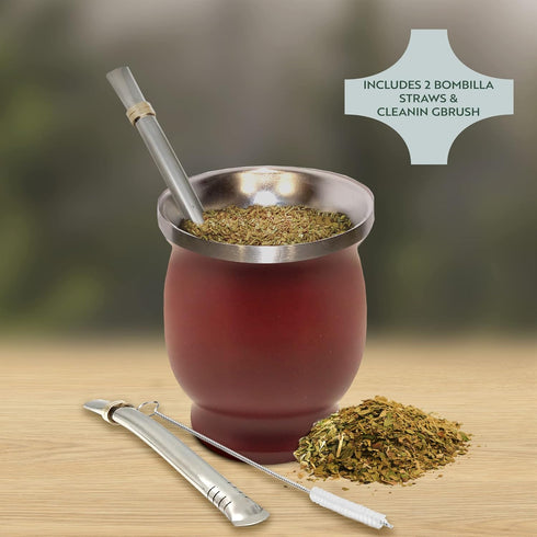 Norte Yerba Mate Cup Kit, 8-Ounces Traditional Gourd Set with 2 Bombillas & Cleaning Brush, Burgundy