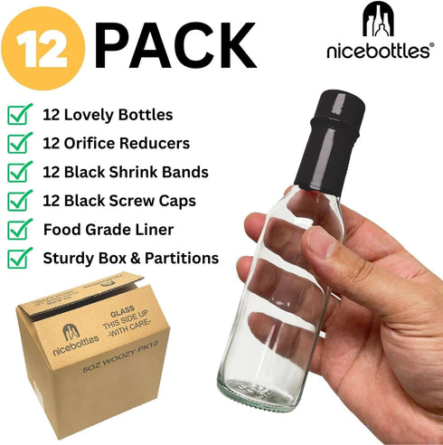 5 Oz 12 Pack nicebottles Hot Sauce Bottles with Black Caps & Shrink Bands
