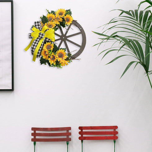 Sunflower Wagon Wheel Wreath for Front Door, Wooden Decor with Sunflower and Bow, 17.7in Spring Wreath