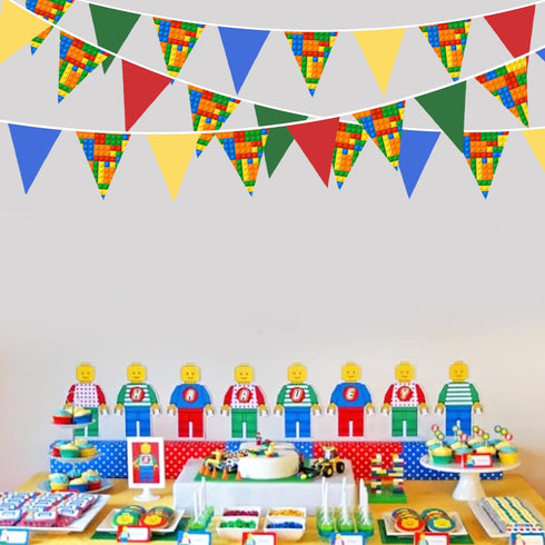 32Ft Building Block Party Decorations Red Blue Yellow Green Colorful Building Block Triangle Flag Pennant Bunting