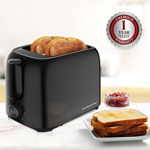 OVENTE Electric 2 Slice Toaster Machine with 6-Shade Toast Settings, 700W Power, Black TP2210B