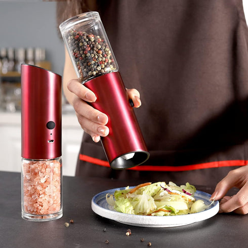 Vzaahu Gravity Electric Pepper and Salt Grinder Set of 2 - Rechargeable, Adjustable Coarseness, Stainless Steel with