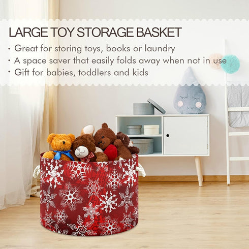 Christmas Large Storage Basket with Red Pattern and Snowflakes for Toys, Clothes, Laundry Hamper Organizer Bag with