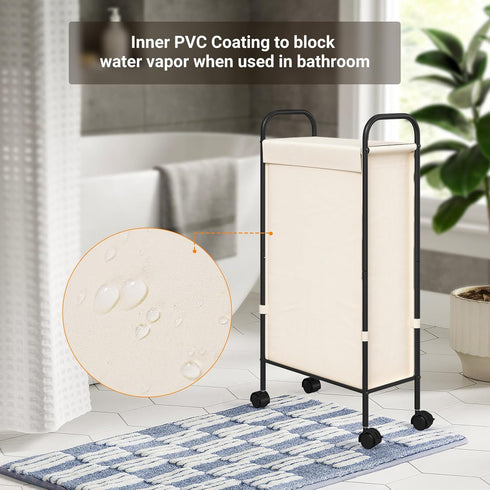 ELYKEN Slim Laundry Hamper with Lid - 50L Small Rolling Laundry Basket on Wheels for Small Bathroom, Creamy