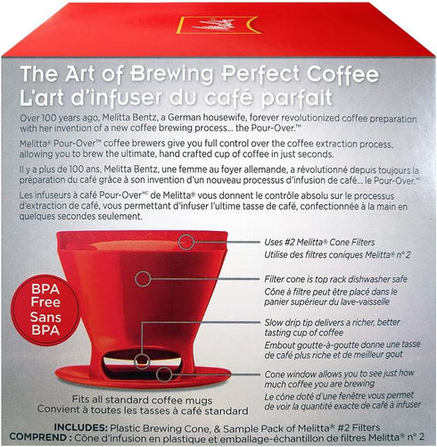 Melitta 640820 Ready Set Joe Filter Cone, Pourover Cone Manual Brewer, One Cup Brewer, Red
