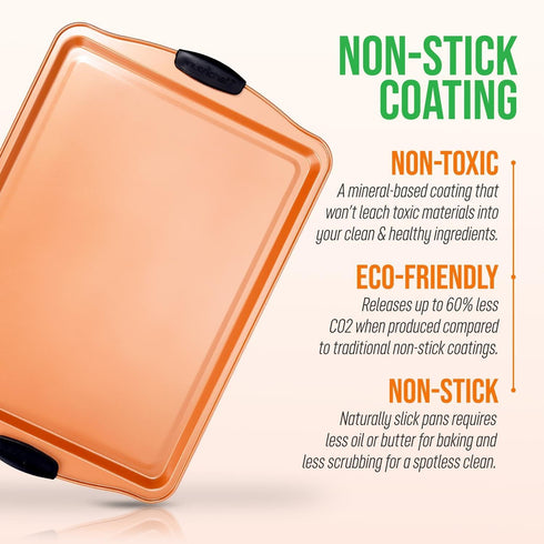 NutriChef Large Nonstick Cookie Sheet for Baking - 17" x 11" Carbon Steel Pan with Black Silicone Handles - Copper