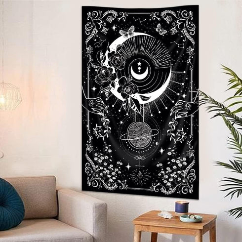 Riyidecor Gothic Vertical Tapestry, Wiccan Witch Wall Hanging Moon Tarot 30Wx50H Inch, Black White Aesthetic Decor