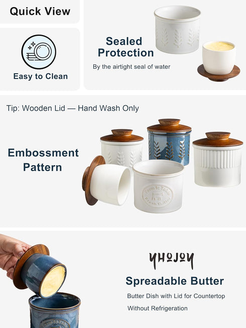Countertop, Ceramic Butter Dish With Lid, Butter Crock for French Butter Keeper for Spreadable Butter, Elegant Embossed