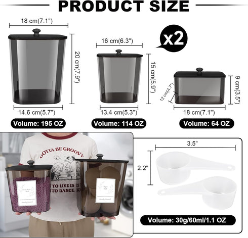 4 Pack Zingbee Laundry Detergent Containers & Dryer Sheet Holder with Black Lids, Scoops & Labels - Plastic Laundry