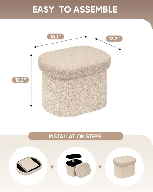 16.14 Inches B FSOBEIIALEO Storage Ottoman for Dorm Room, Boucle Folding Storage Ottoman Foot Rest, Small Collapsible